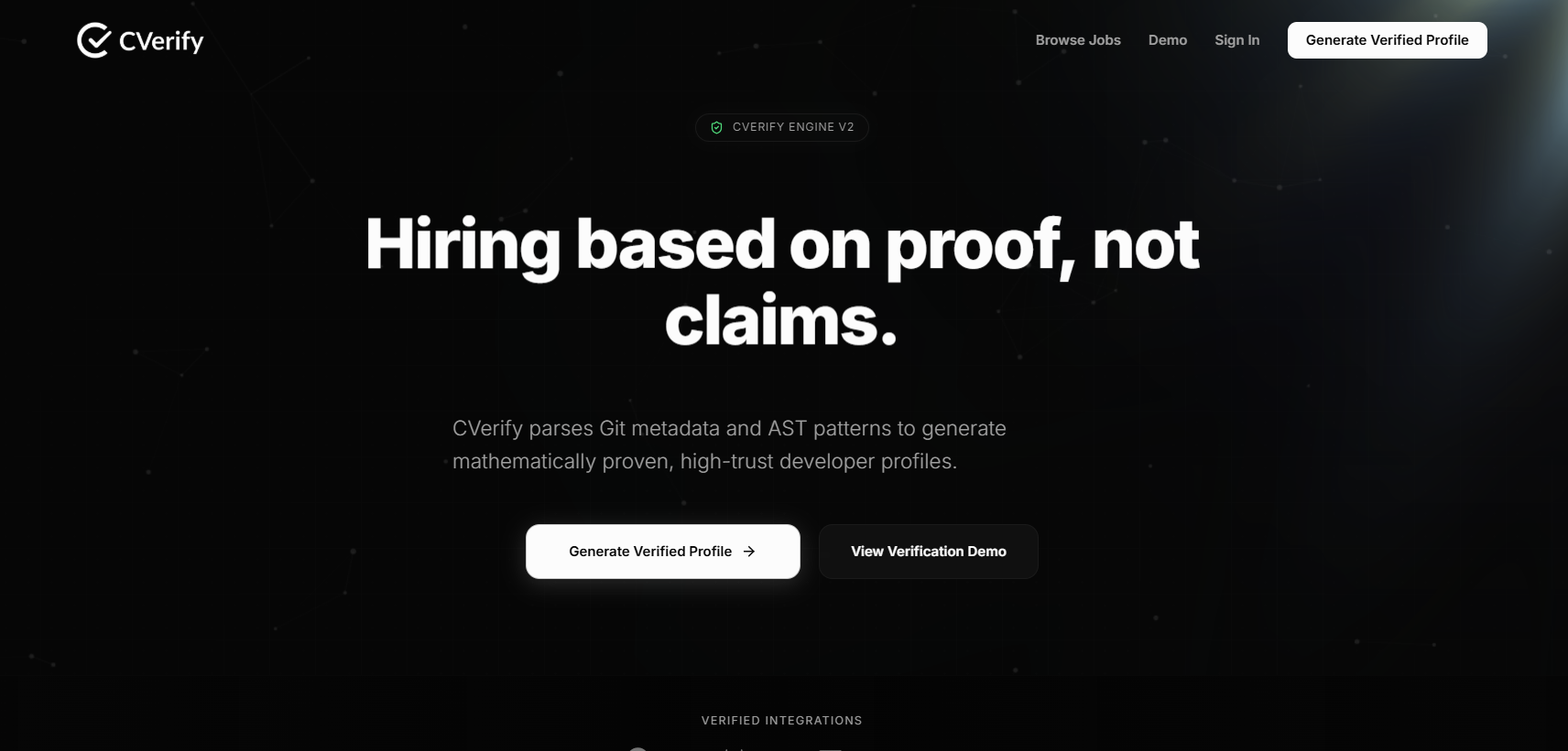 CVerify landing page: 'Hiring based on proof, not claims' over a dark hero, with buttons to generate a verified profile or view the verification demo.