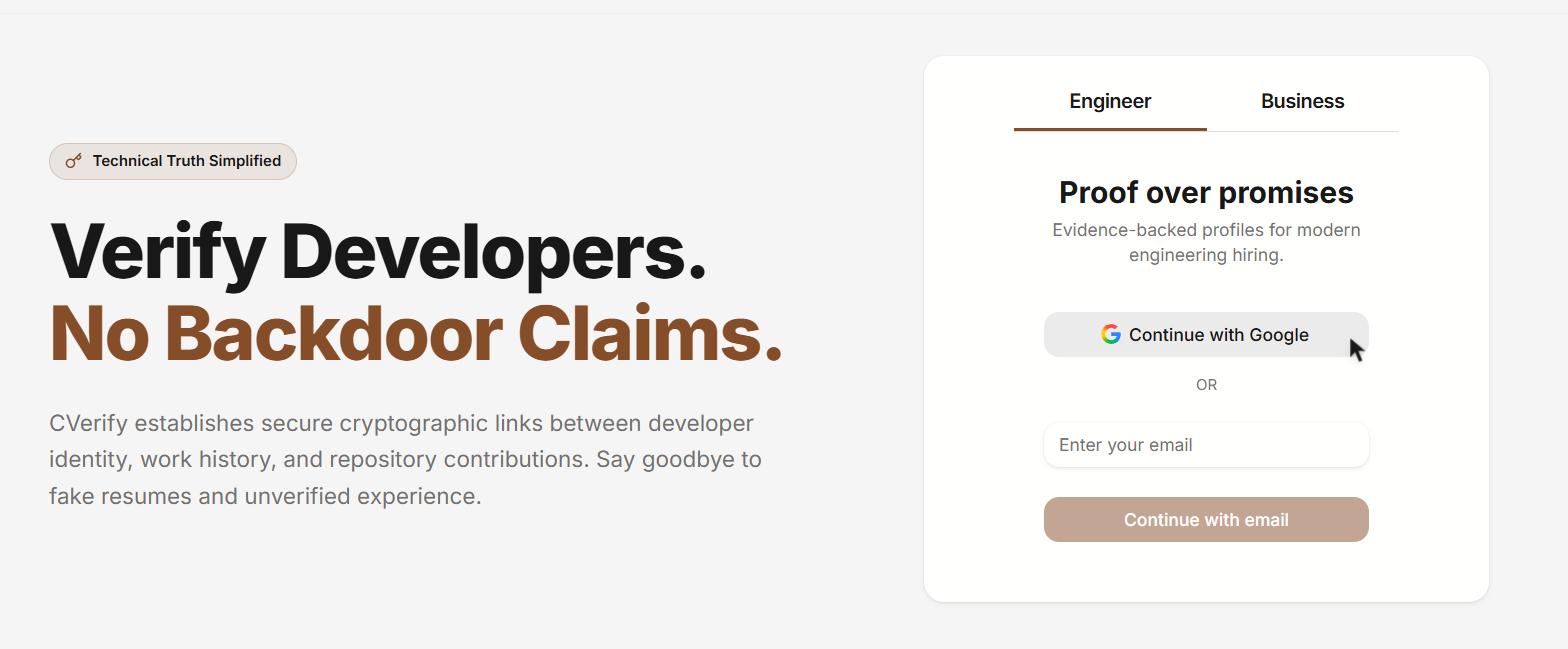 CVerify sign-in section: 'Verify Developers. No Backdoor Claims.' beside an Engineer/Business tabbed card offering Google or email sign-in.